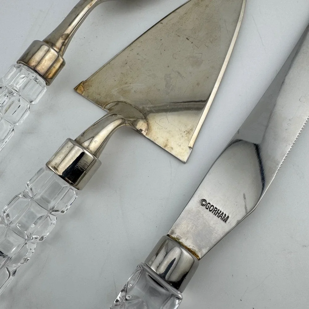 Gorham Serving Set Silver Tone Crystal Handle Cake‎ Server Fork Knife